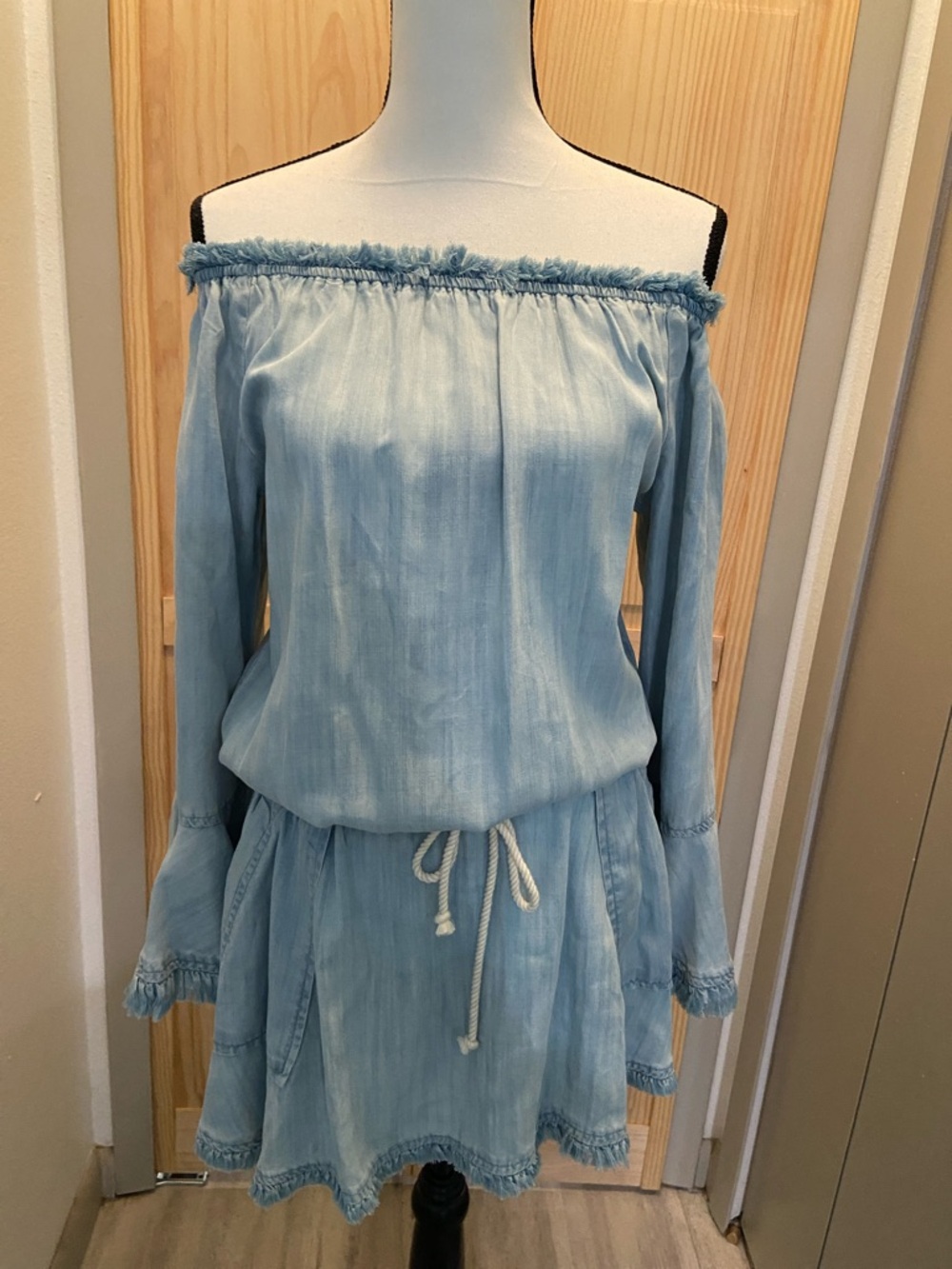 Ramy Brook Light Blue Off-Shoulder Drawstring Waist Long Sleeve Dress